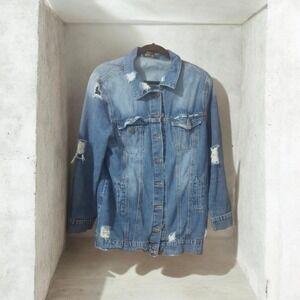 Roma Studio Womens Distressed Denim Jacket Medium Wash Ripped Jean Jacket Large